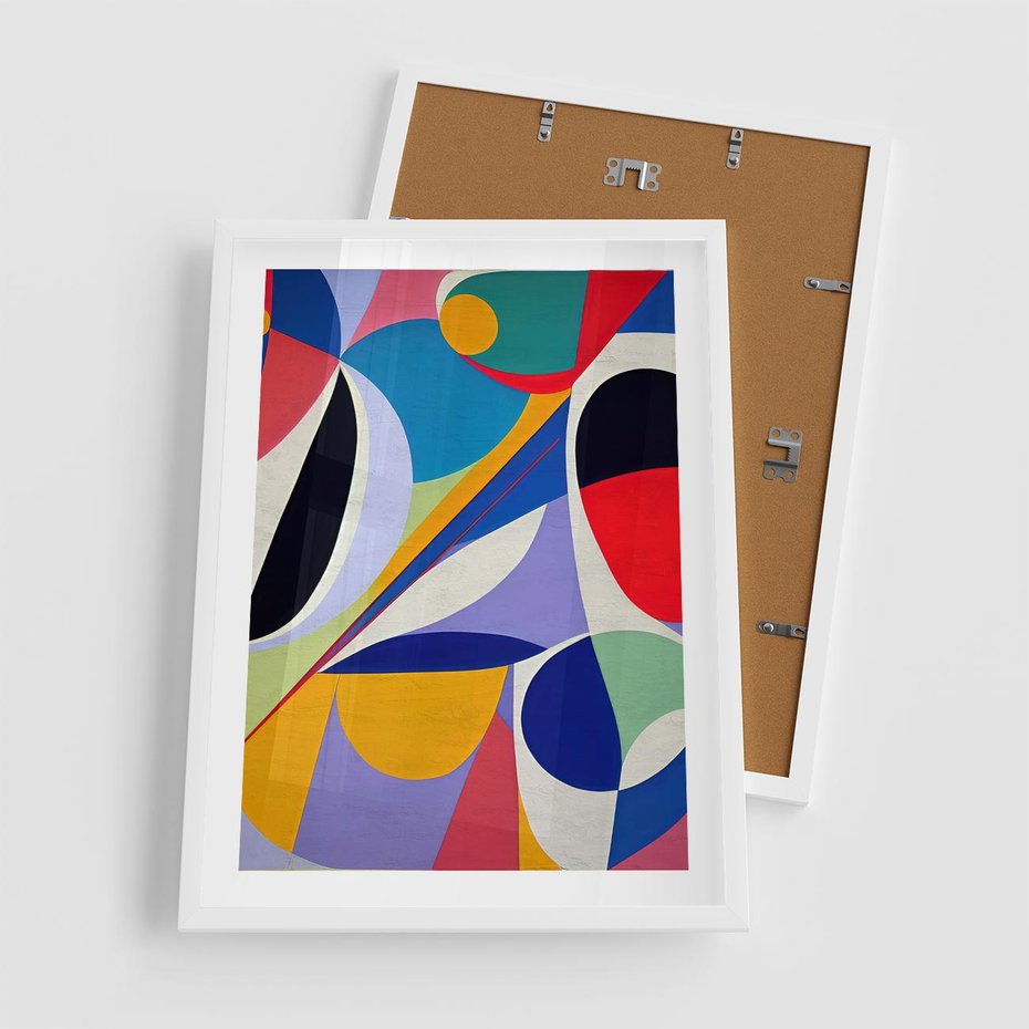 Plakat w ramie 50x70 - Kolorowe Przesunięcia Kształtów - abstrakcyjny obraz olejny, żywe kolory - rama biała