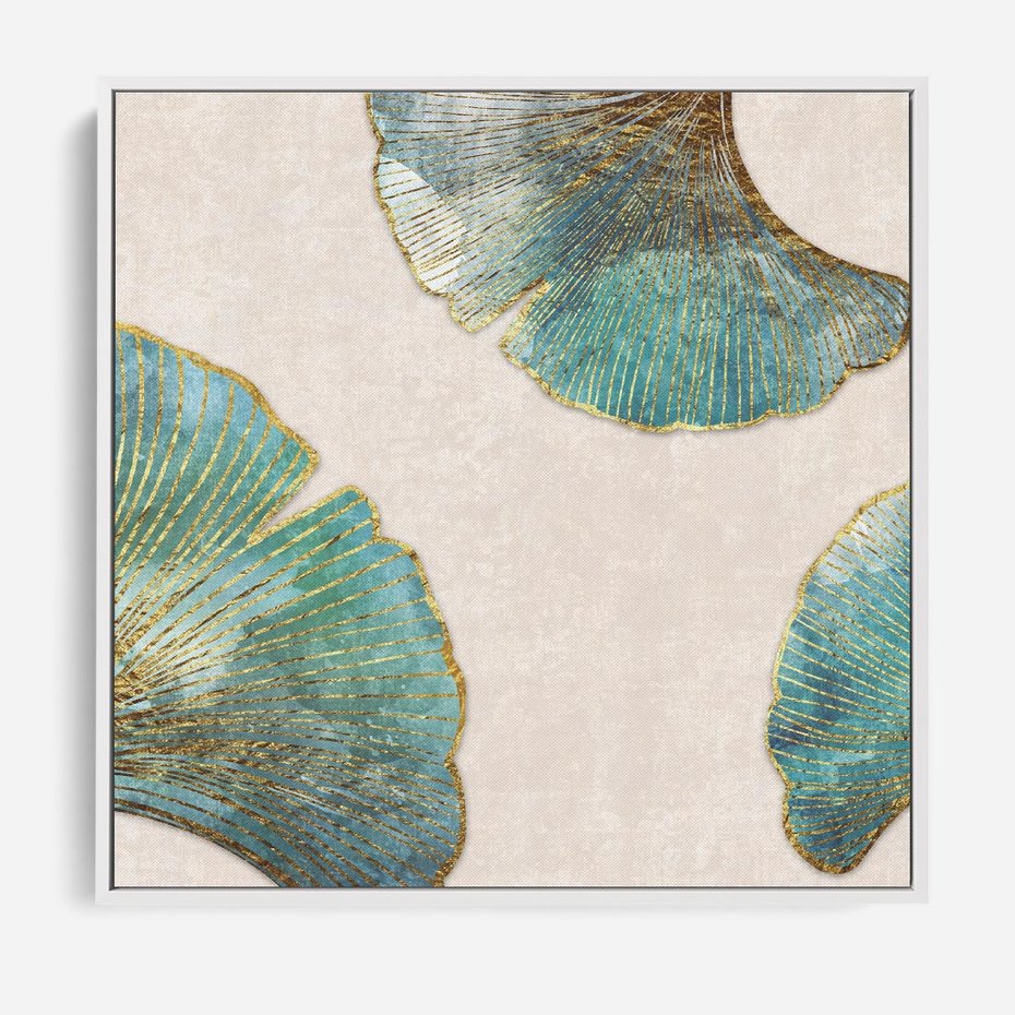 Obraz w ramie 50x50 - Złota Melodia Liści - złote, turkusowe liście miłorzębu - rama biała