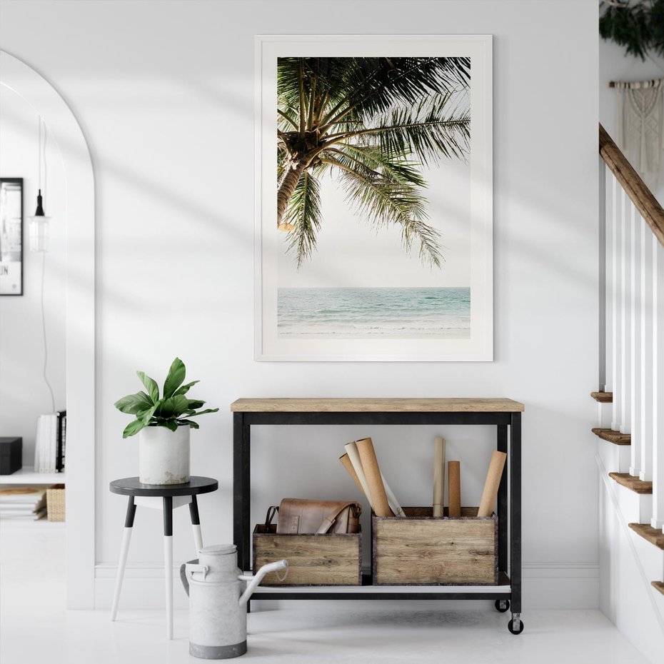Plakat w ramie 40x50 - Wakacyjne Marzenie - palma nad morzem, - rama biała