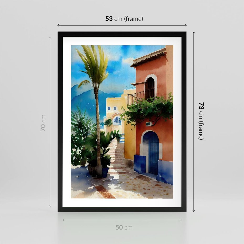 Plakat w ramie 50x70 - Spokój Miasta nad Morzem - akwarela, sródziemnomorski klimat - rama czarna