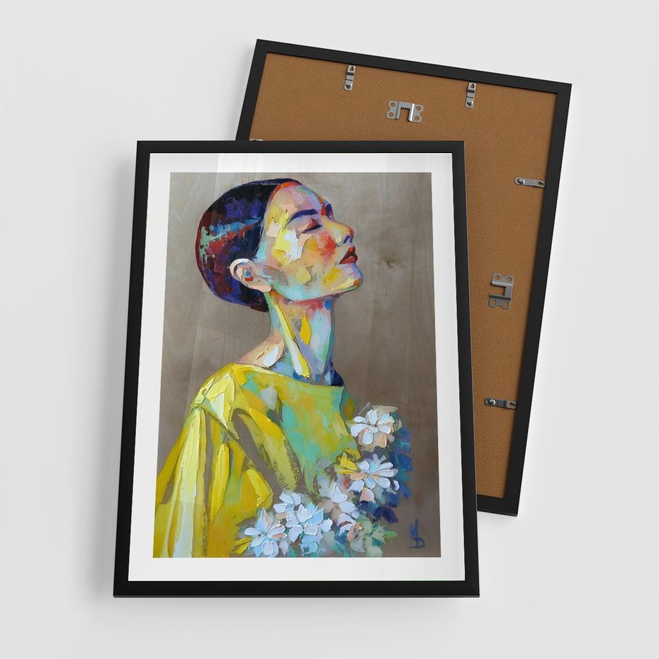 Plakat w ramie 50x70 - W Żółtej Sukience - olejny abstrakcyjny obraz, portret kobiety w żółtej sukience - rama czarna