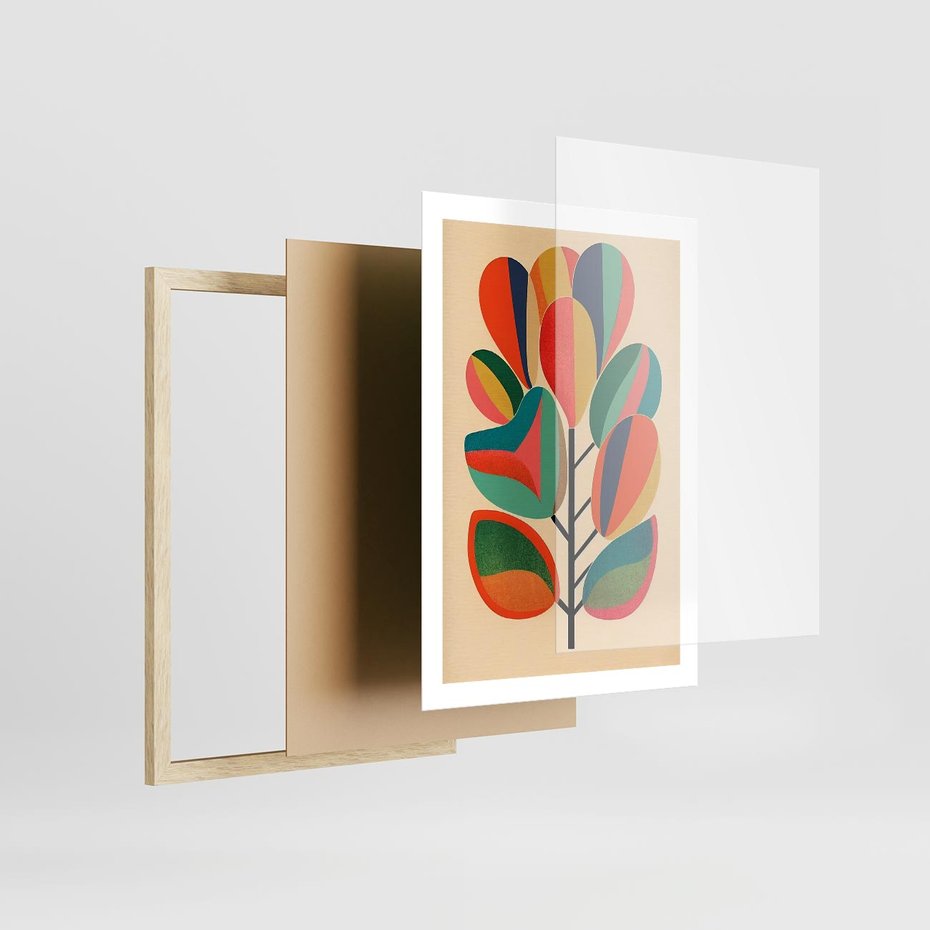 Plakat w ramie 50x70 - Wnętrza Kształtów - abstrakcyjny kolorowy tęczowy obraz, inspiracje roślinne - rama drewno