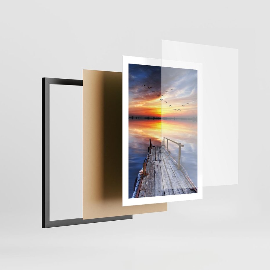 Plakat w ramie 50x70 - Zachód słońca na pomostcie - pomost, zachód - rama czarna