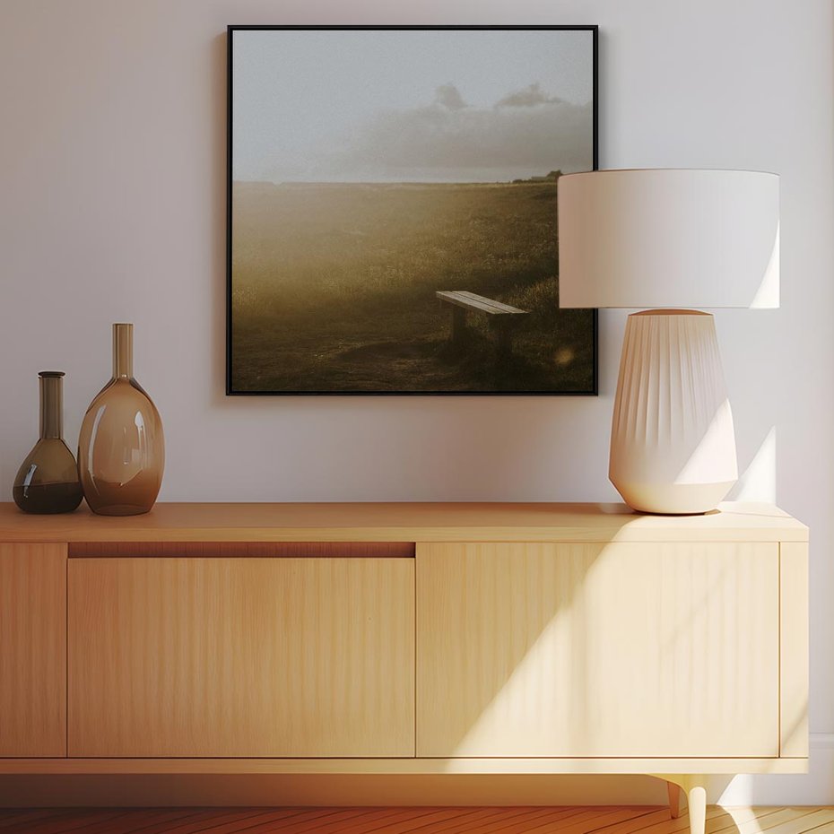 Obraz w ramie 50x50 - Mglisty zachód słońca na ławeczce - mgła, zachód - rama czarna