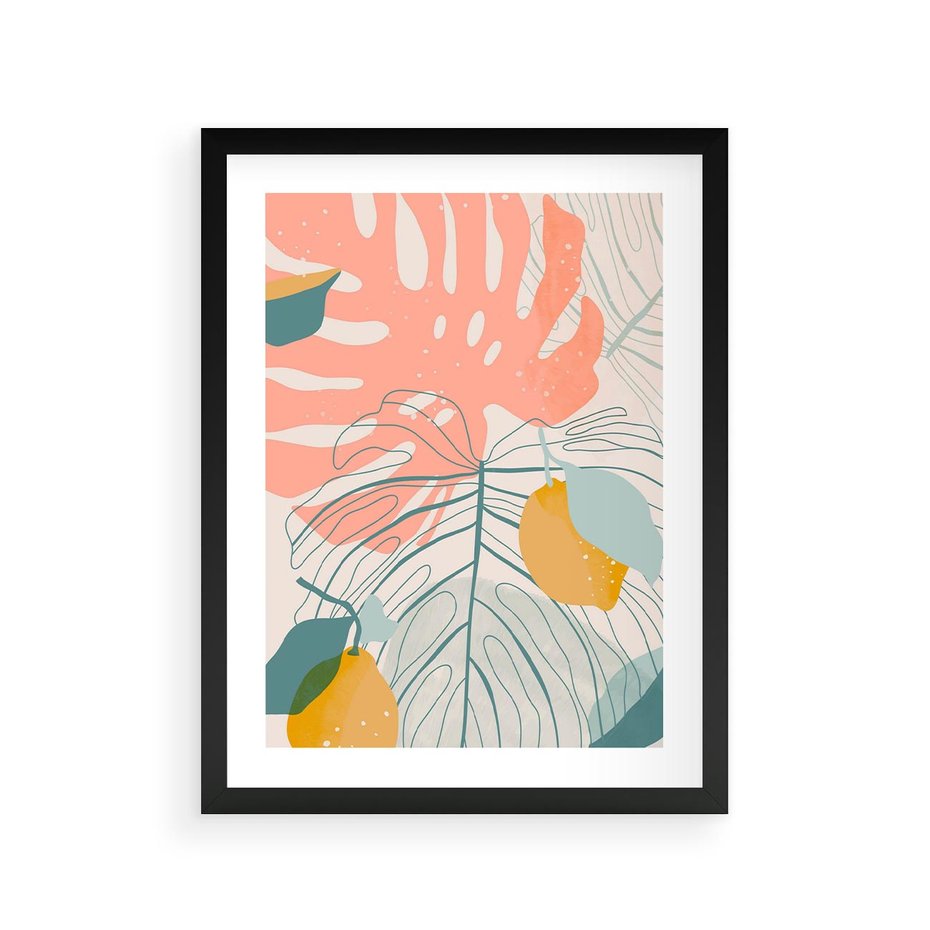 Plakat w ramie 30x40 - Sztuka Natury: Liście Monstery w Pastelach - nowoczesna grafika, pastelowe liście monstery - rama czarna