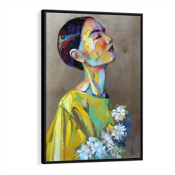 Obraz w ramie 50x70 - W Żółtej Sukience - olejny abstrakcyjny obraz, portret kobiety w żółtej sukience - rama czarna