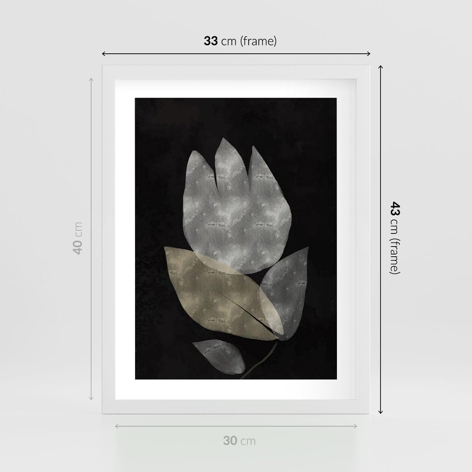 Plakat w ramie 30x40 - Nocne Uniesienia - abstrakcyjny kwiat, mroczna atmosfera - rama biała