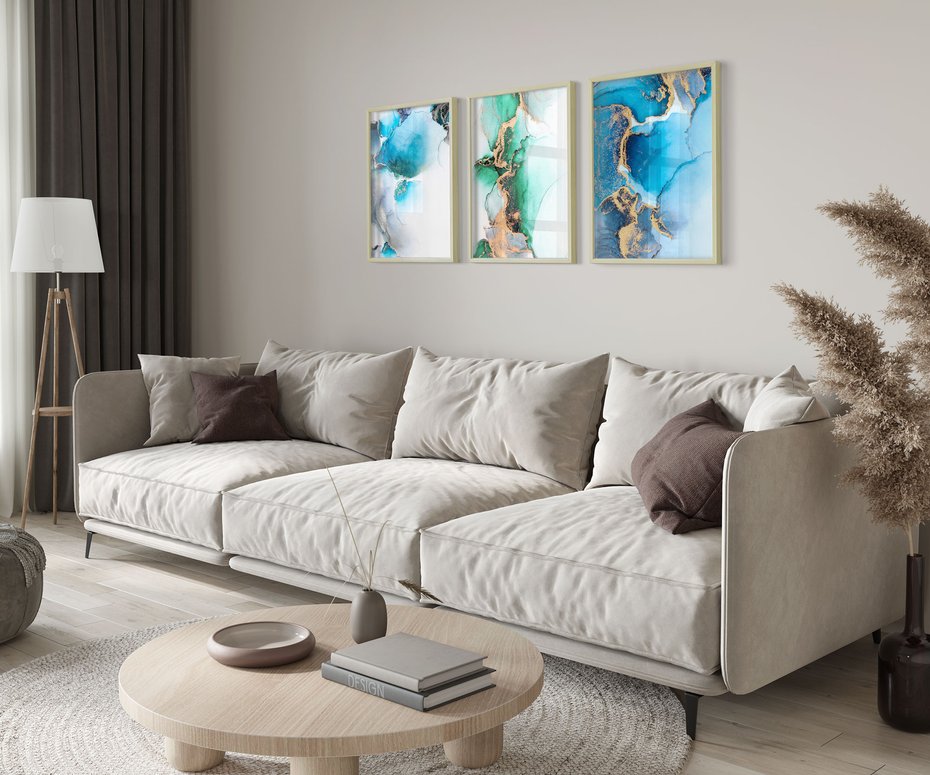 Zestaw obrazy w ramie 40x50 galeria - Marmur, złoto, morski, turkus - rama drewno