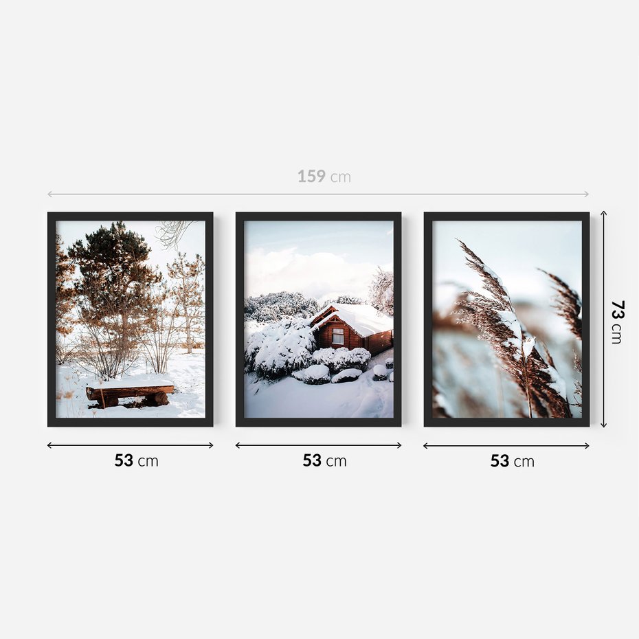 Zestaw obrazy w ramie 50x70 galeria - Zachód, słońca, zima, chatka, retro, boho - rama czarna