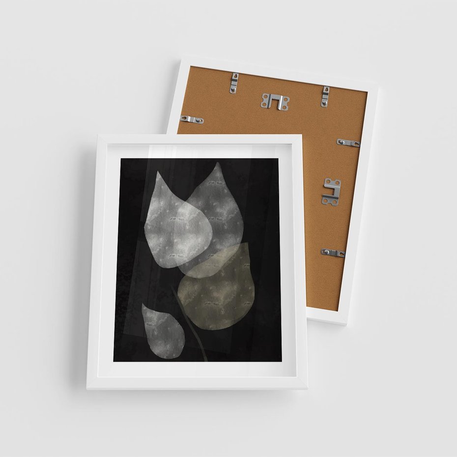 Plakat w ramie 40x50 - Mroczne Złudzenia - abstrakcyjne liście, mroczna atmosfera - rama biała