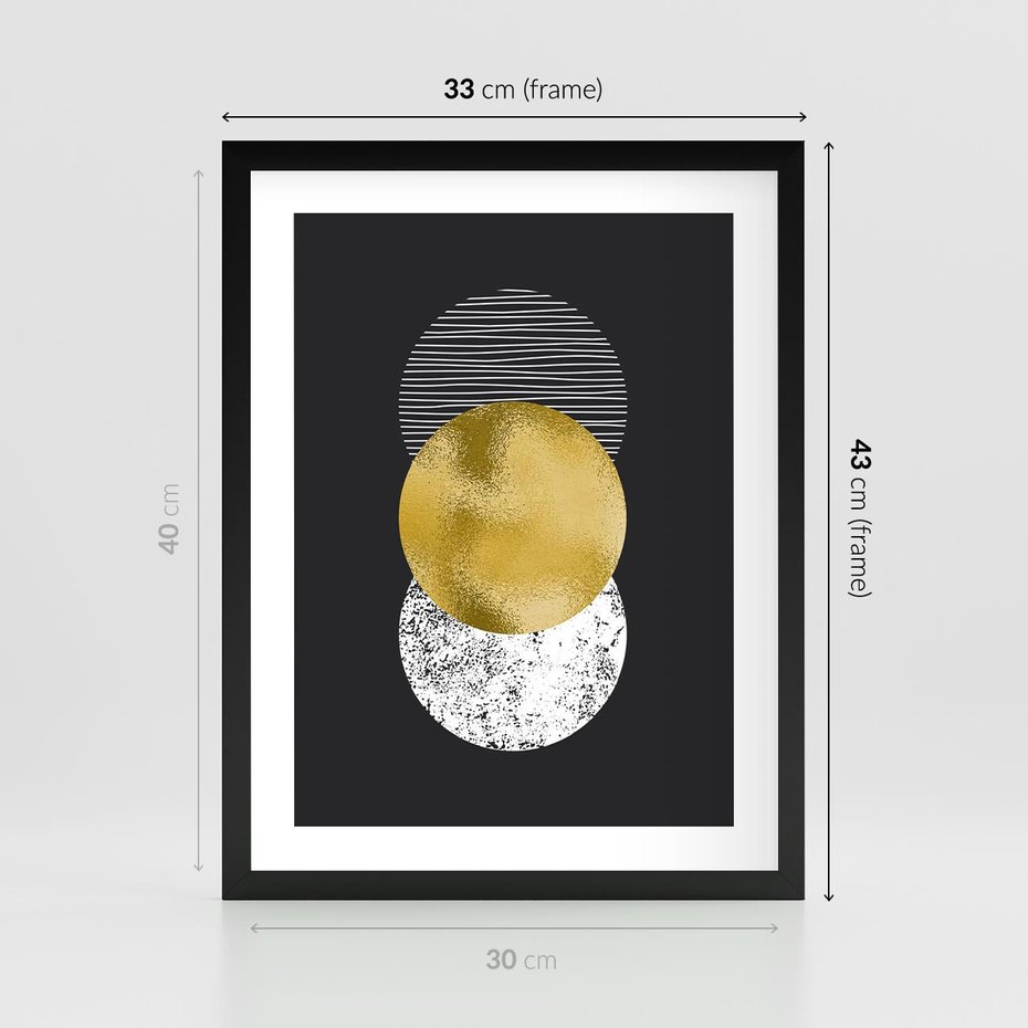 Plakat w ramie 30x40 - Geometryczna Perfekcja: Złote Koło - geometryczna grafika, złote koło - rama czarna