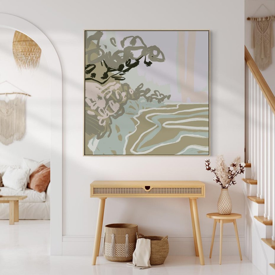 Obraz w ramie 50x50 - Wizja Przestrzeni - pastelowy krajobraz, nowoczesny plakat - rama drewno