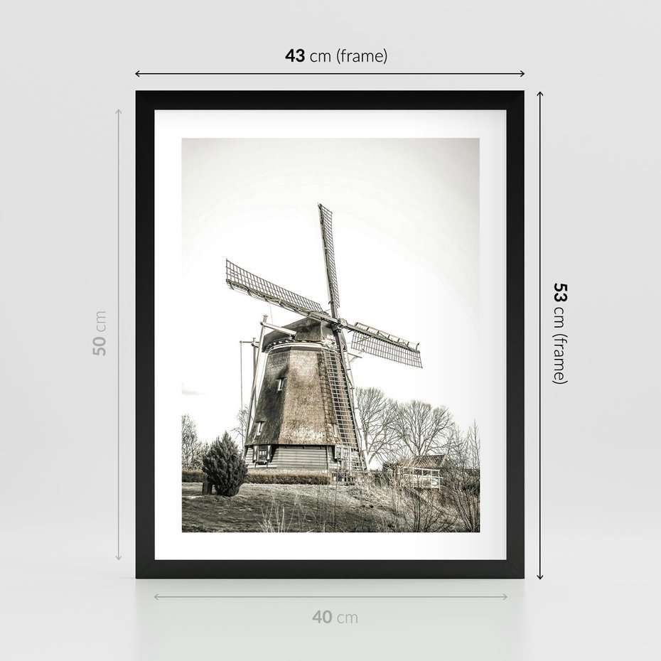 Plakat w ramie 40x50 - Wiejska Idylla z Młynem - wiatrak, młyn - rama czarna