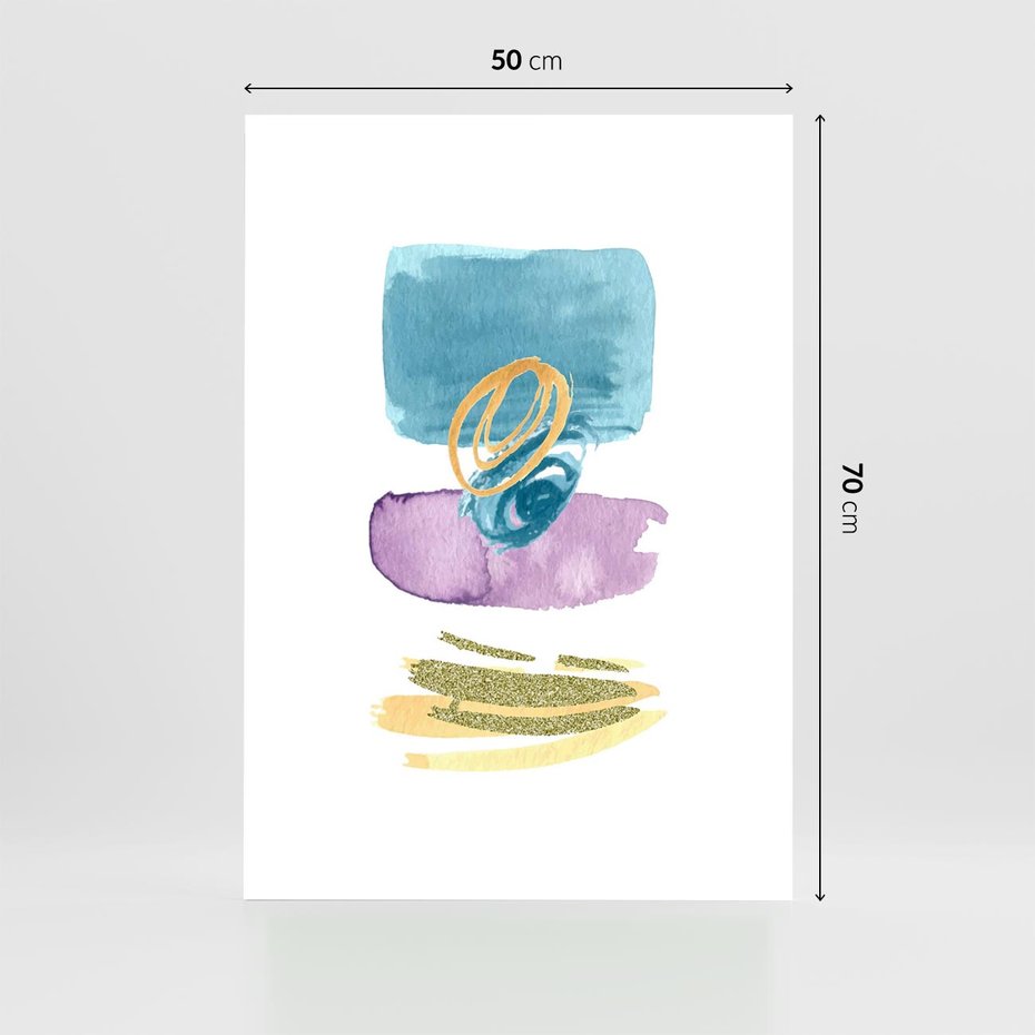 Plakat bez ramy 50x70 - Taniec Akwarelowych Kresek - akwarelowe plamy w odcieniach błękitu, złote kreski
