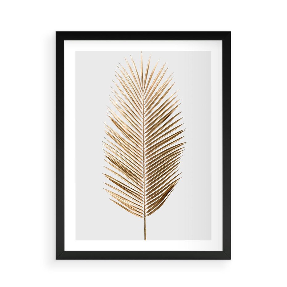 Plakat w ramie 50x70 - Złoty blask palmowego liścia - złota, palma - rama czarna