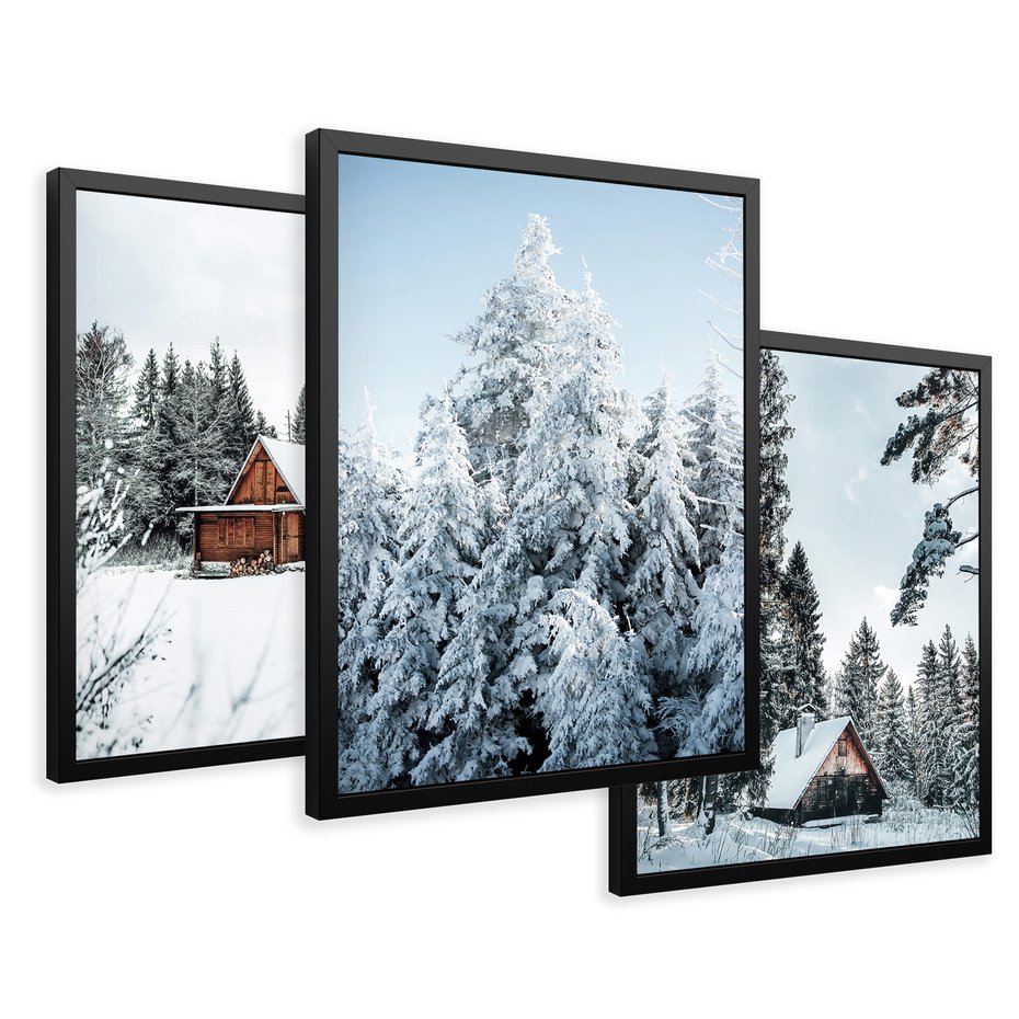 Zestaw obrazy w ramie 50x70 galeria - Las, zima, domki, śnieg - rama czarna
