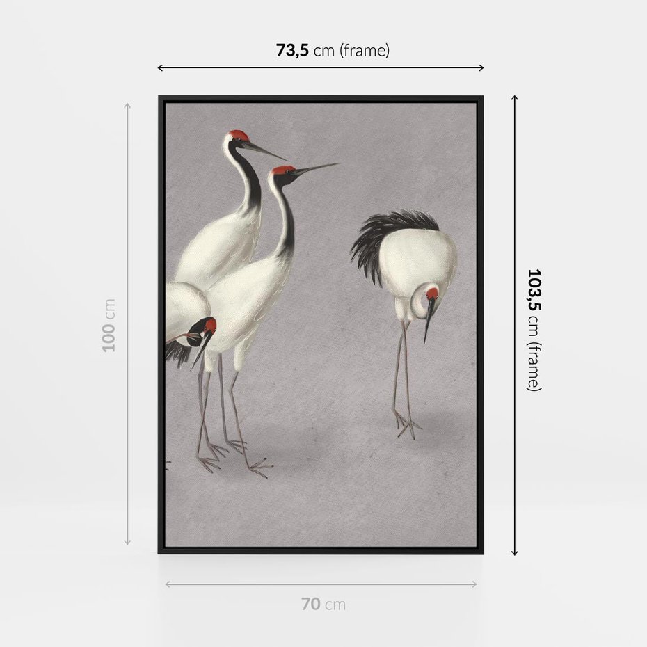 Obraz w ramie 70x100 - Spojrzenie wstecz w pędzlu - szkic rysunek, japońskie żurawie - rama czarna