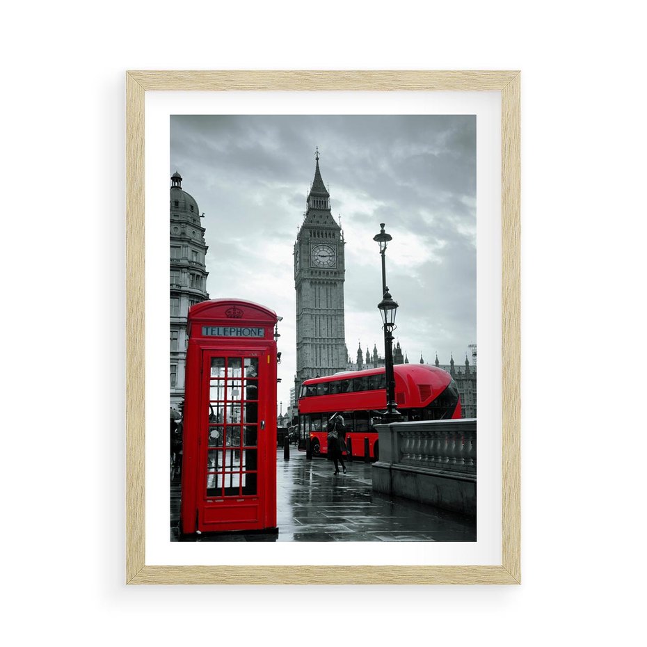 Plakat w ramie 50x70 - Uliczka z charakterystyczną budką w Londynie - Londyn, budka - rama drewno