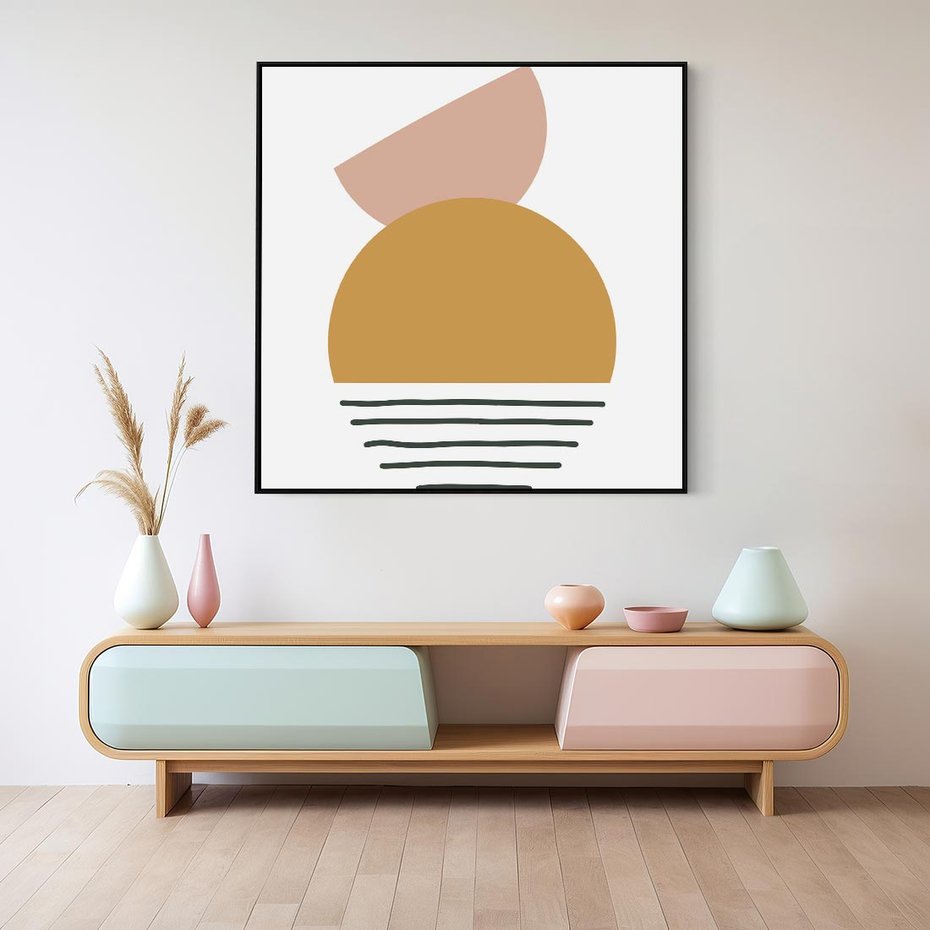 Obraz w ramie 50x50 - Kolory Przyszłości - kompozycja kół i kresek, ciepłe kolory - rama czarna