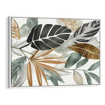 Obraz w ramie 100x70 - Współbrzmienie wewnętrznego ja - kompozycja z tropikalnych liści, stonowane kolory - rama biała