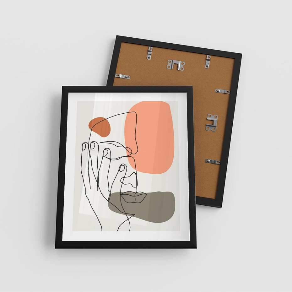 Plakat w ramie 40x50 - Ekspresja Kolorów: Szkic - one line szkic twarzy, kolorowe plamy - rama czarna