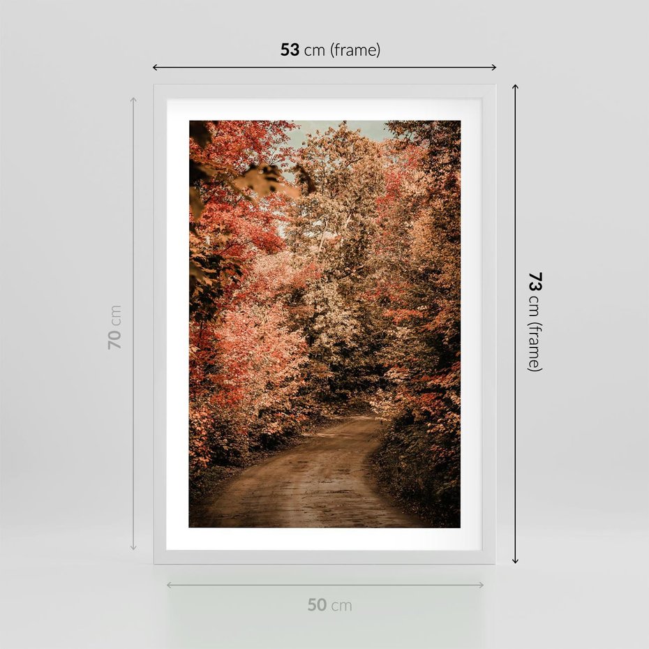 Plakat w ramie 50x70 - Obraz przedstawia jesienne drzewa i czerwone liście na ścieżce w lesie. Ta sceneria doskonale oddaje urok i kolorystykę jesieni w lesie. - las, jesień - rama biała