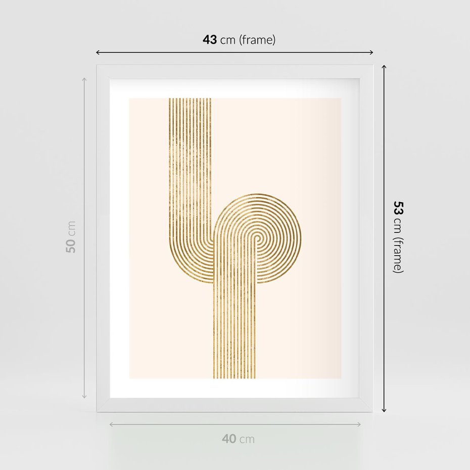 Plakat w ramie 40x50 - Podróżne Kształty - geometryczne linie w złotym kolorze, minimalizm - rama biała