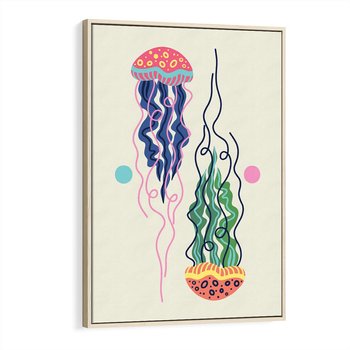 Obraz w ramie 80x120 - Morskie Pulsacje - nowoczesny optymistyczny plakat, kolorowe meduzy - rama drewno