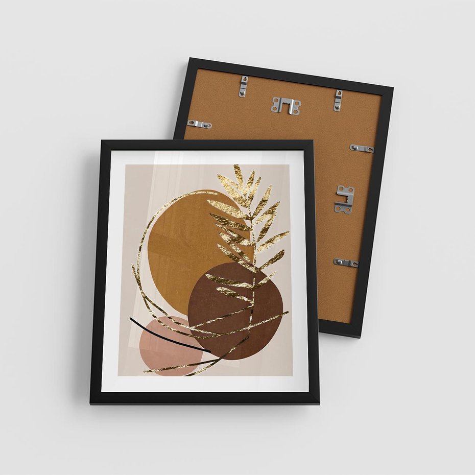 Plakat w ramie 40x50 - Taniec Przenikających Odbić - abstrakcyjny obraz, złote liście palmy - rama czarna