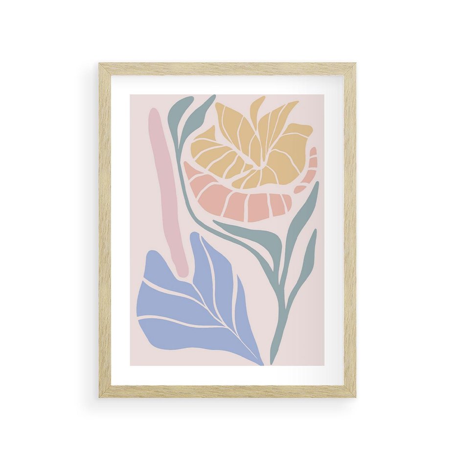 Plakat w ramie 30x40 - Kwiatowe Granice Kształtów - nowoczesny plakat, kwiaty w pastelowych kolorach - rama drewno
