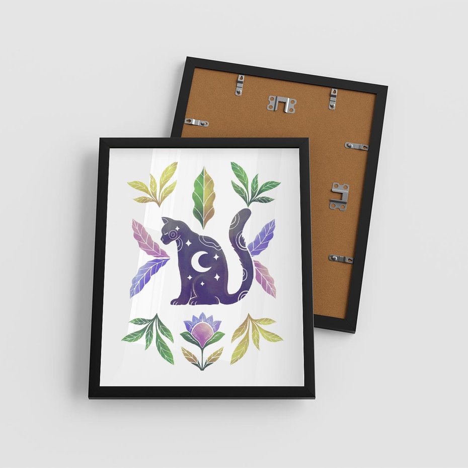 Plakat w ramie 40x50 - Migotliwa Przestrzeń - boho kot, plakat - rama czarna