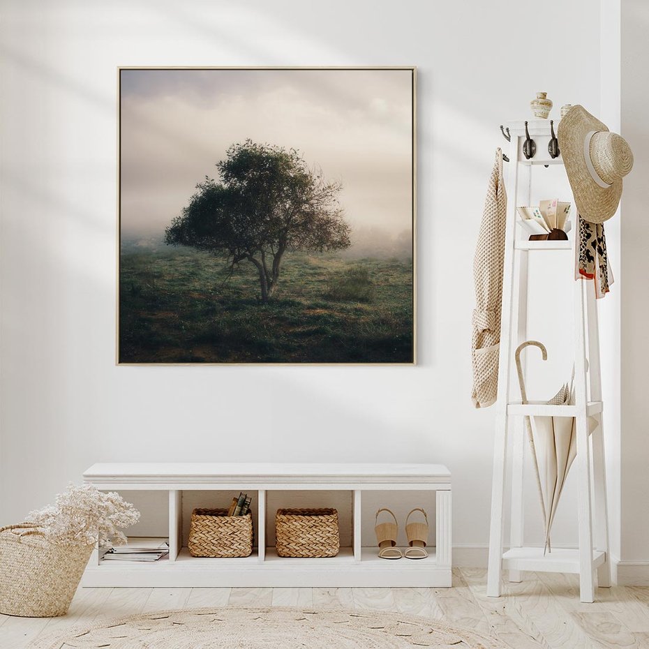 Obraz w ramie 50x50 - Zamglona Prostota - artystyczna fotografia, samotne drzewo na zamglonej łące - rama drewno