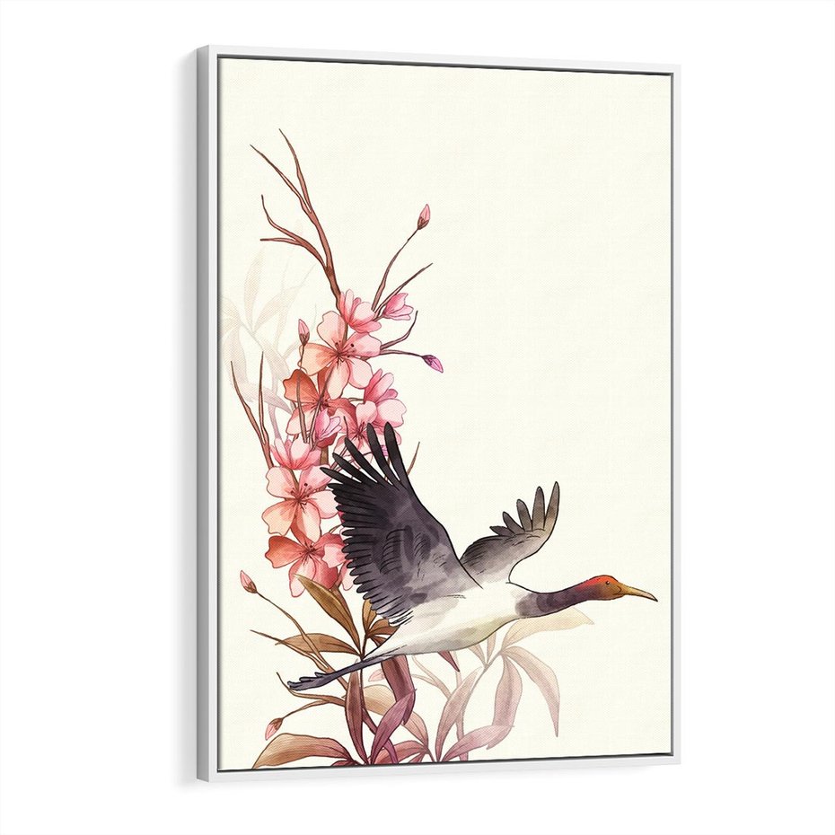 Obraz w ramie 80x120 - Szept Japonii - japońska sztuka, ptak - rama biała