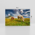 Obraz na płótnie 70x50 - Konie na łące przy jeziorze: Siła natury - konie, łąka