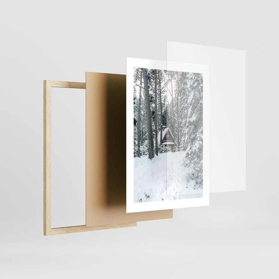 Plakat w ramie 30x40 - Spokój Zimowej Przygody w Lesie - domek w górach w lesie, zima - rama drewno