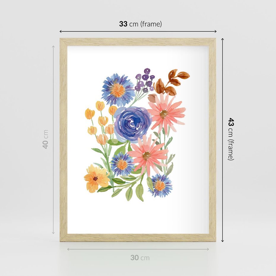 Plakat w ramie 30x40 - Migocące Widoki Kwiatów - akwarelowe polne kwiaty, minimalistyczny plakat - rama drewno