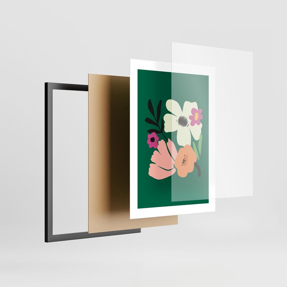 Plakat w ramie 30x40 - Rozbijające Echa - abstrakcyjne kwiaty, zielone tło - rama czarna