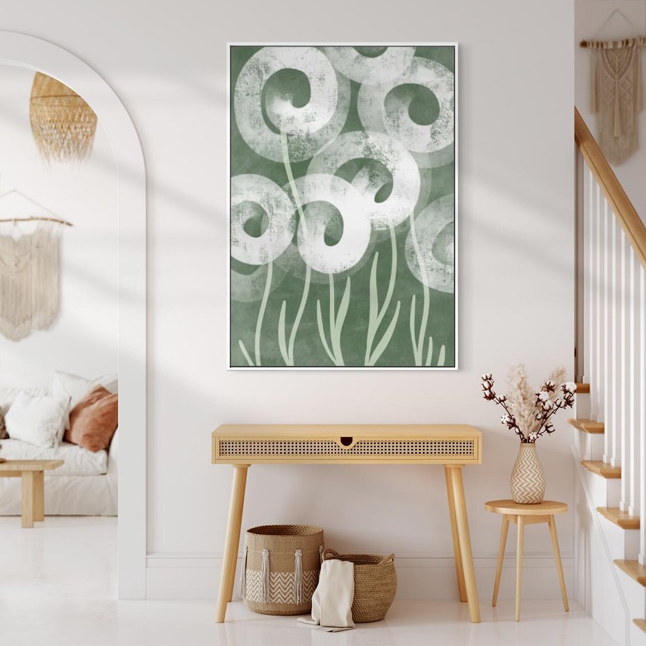 Obraz w ramie 80x120 - Spokojne Plamy Natury - zielony plakat, roślinne motywy - rama biała