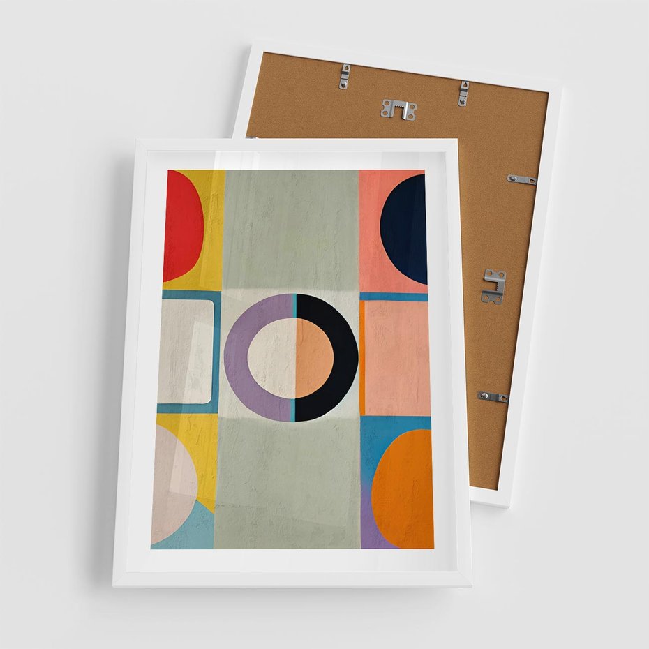 Plakat w ramie 50x70 - Taniec Kształtów Emocji - abstrakcyjne geometryczne kształty, olejny obraz - rama biała