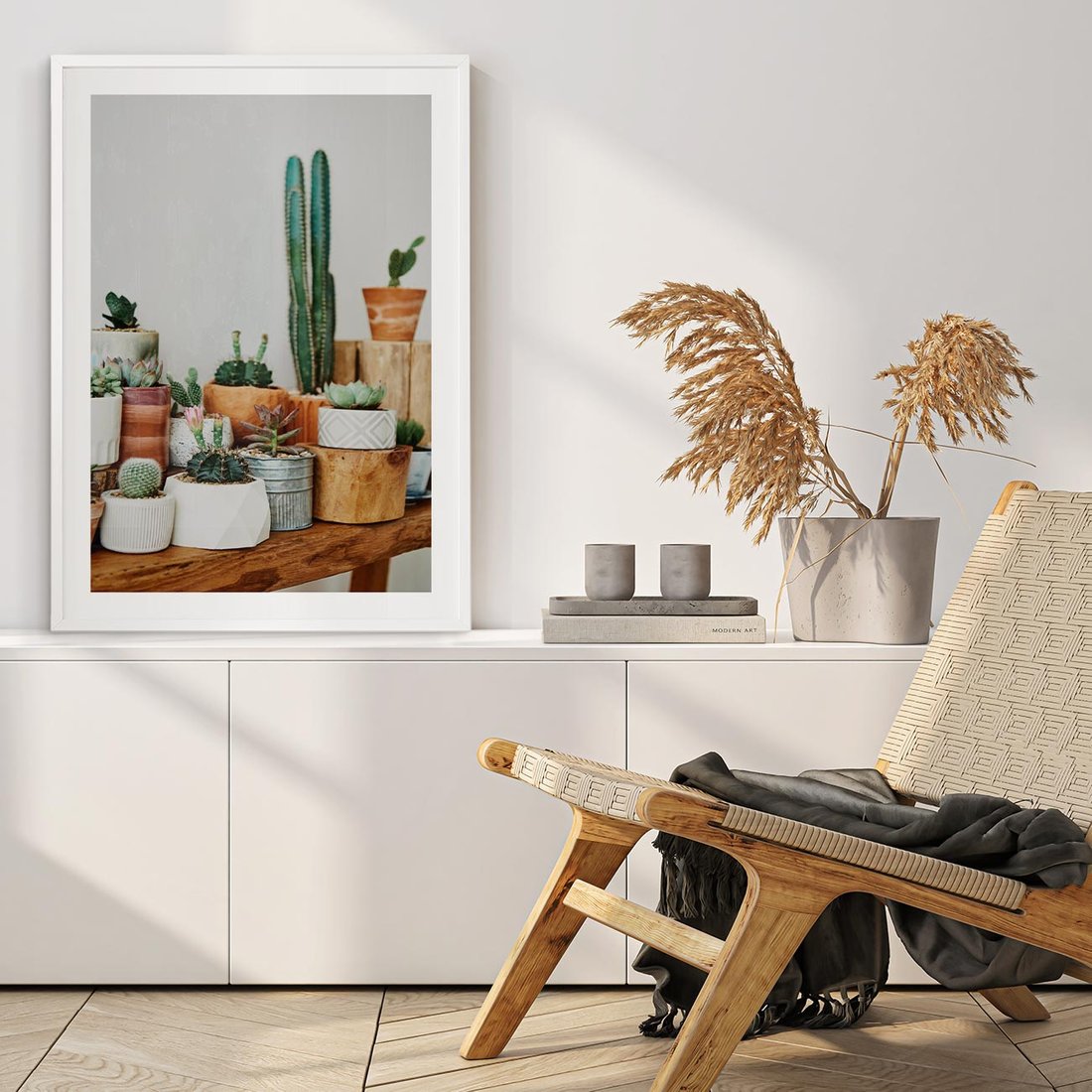 Plakat w ramie 30x40 - Kaktusowa Galeria w Doniczkach - kaktusy w doniczkach, fotografia - rama biała