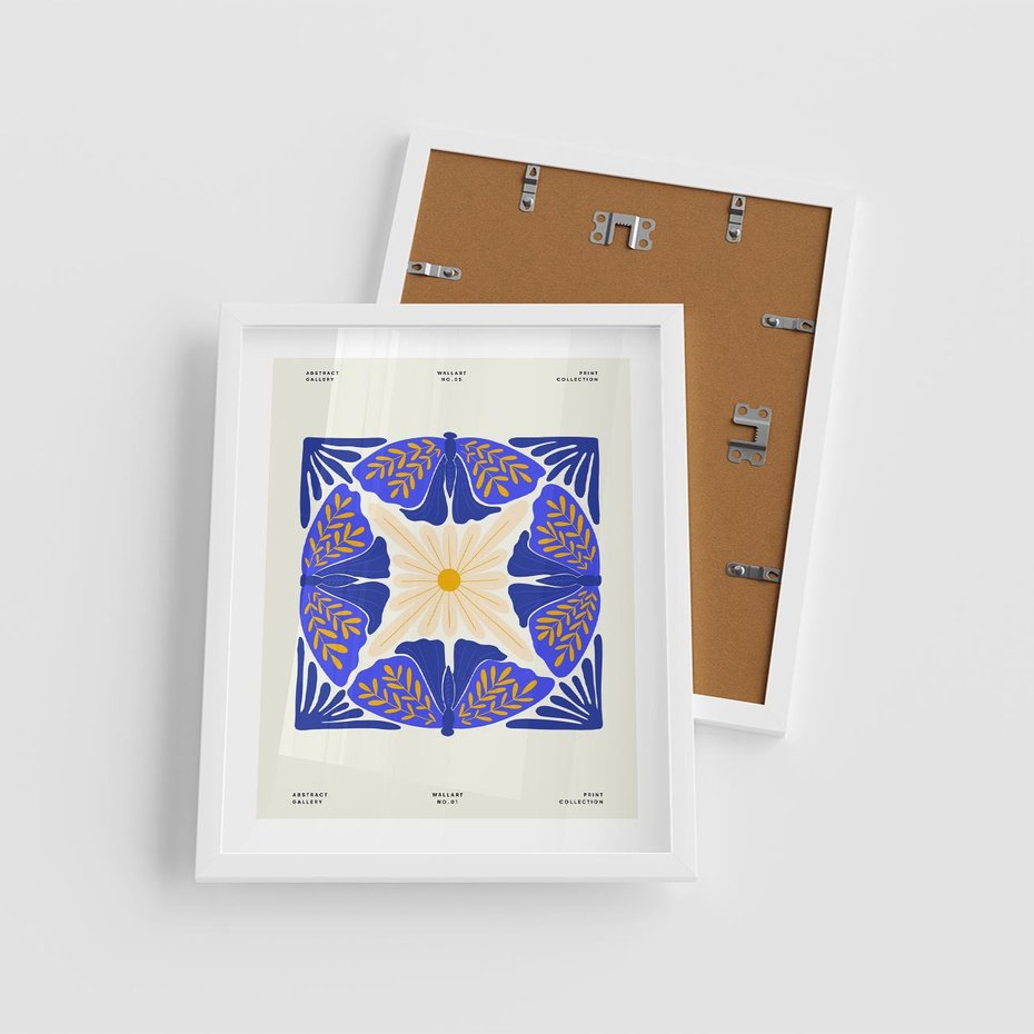 Plakat w ramie 40x50 - Księga Abstrakcji - abstrakcyjna boho kompozycja, granatowe ćmy - rama biała