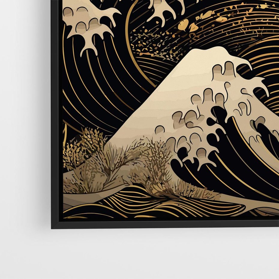 Obraz w ramie 50x50 - Złote Piękno - ciemny obraz, fala morska - rama czarna
