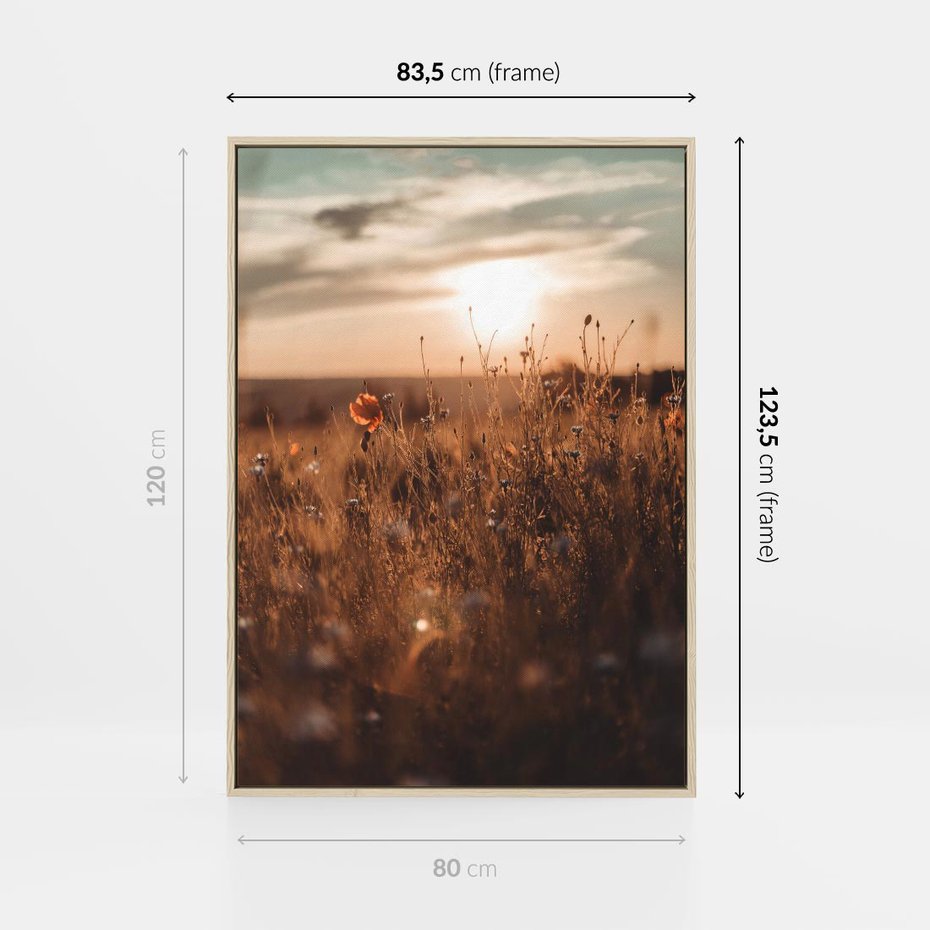 Obraz w ramie 80x120 - Zachwyt zachodem słońca na łące - zachód, słońca - rama drewno