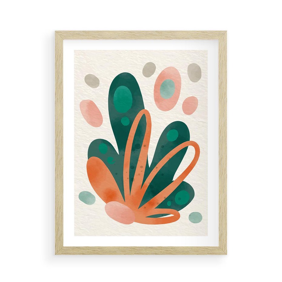 Plakat w ramie 50x70 - Harmonia bez Harmonii - akwarelowe abstrakcyjne kształty, zieleń i pomarańcz - rama drewno