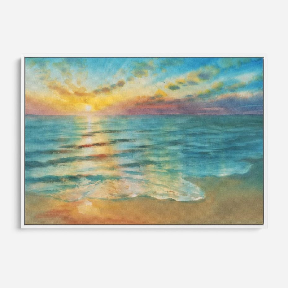 Obraz w ramie 100x70 - Objawienie Fioletowego Świtu - fioletowy wschód słońca, słońce wschodzi nad morzem - rama biała