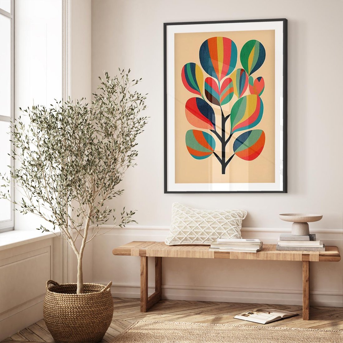 Plakat w ramie 40x50 - Harmonia Rozplątanych Form - abstrakcyjny kolorowy tęczowy obraz, inspiracje roślinne - rama czarna