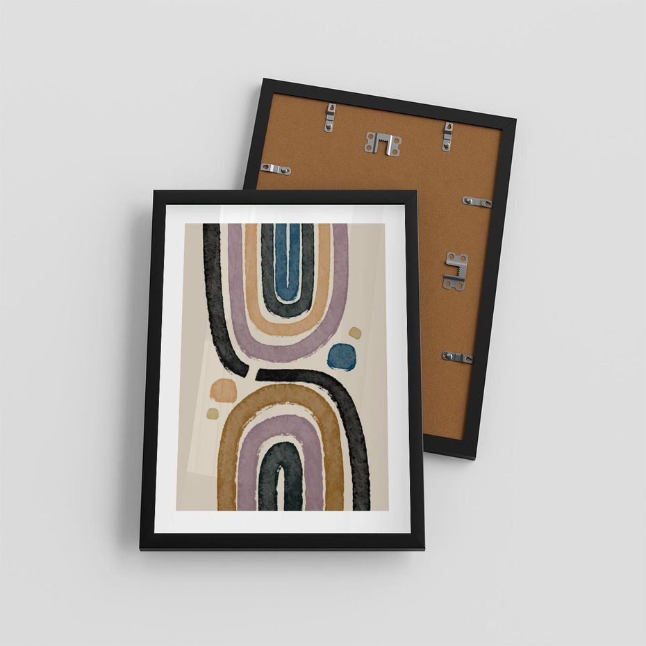 Plakat w ramie 30x40 - Taniec Przenikających Kształtów - abstrakcyjne tęcze, kompozycja - rama czarna