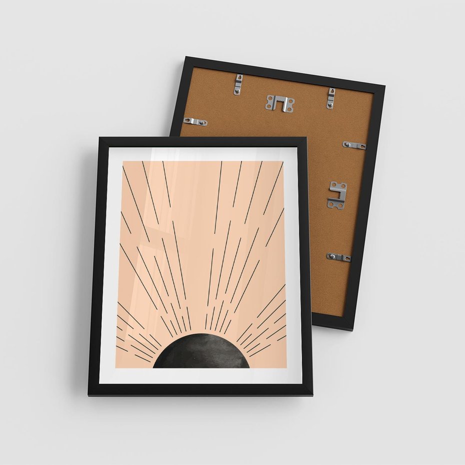 Plakat w ramie 40x50 - Migocące Kształty Promieni - boho czarne słońce, nowoczesna grafika - rama czarna