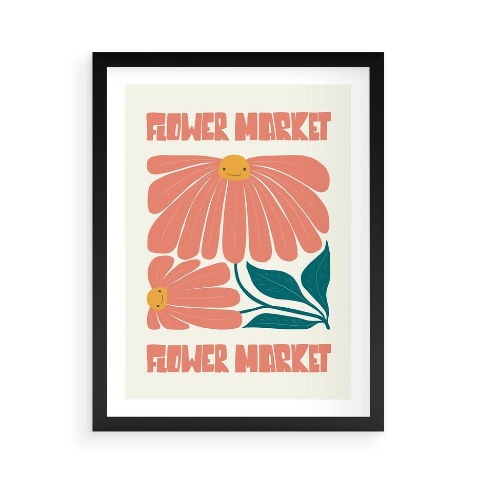 Plakat w ramie 50x70 - Retro Radość - typografia, wesołe kwiaty - rama czarna