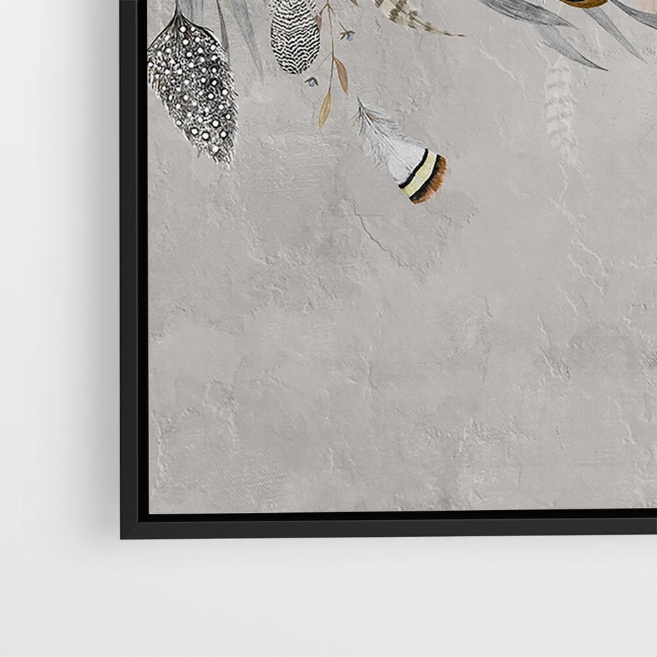 Obraz w ramie 50x50 - Sploty losu na płótnie - kompozycja boho piór, indiańskie pióra - rama czarna